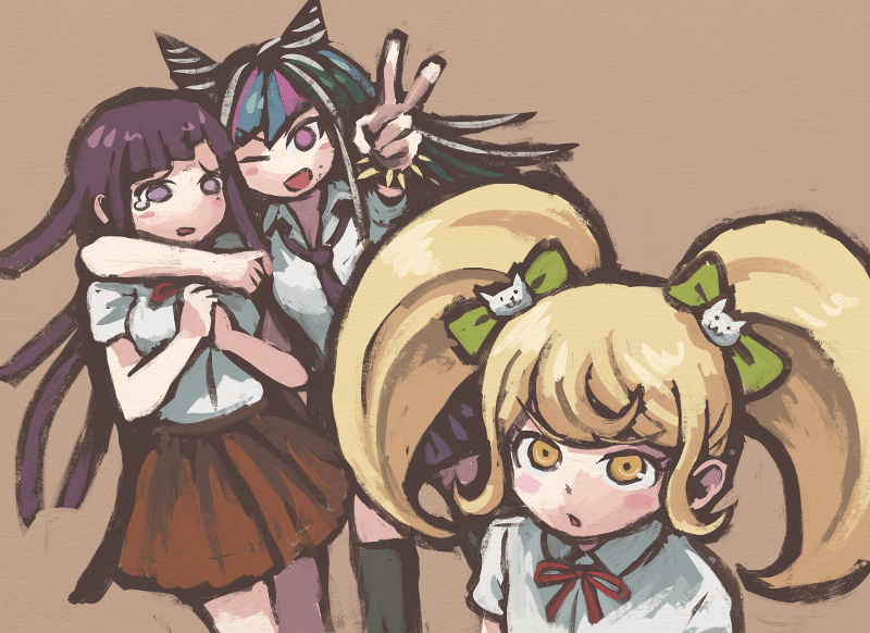 3girls alternate_costume arm_around_shoulder bangs black_hair blush blush_stickers bracelet brown_skirt cat_hair_ornament collared_shirt commentary_request dangan_ronpa_(series) dangan_ronpa_3_(anime) dutch_angle hair_horns hair_ornament jewelry long_hair miniskirt mioda_ibuki multicolored_hair multiple_girls namu_(nurui_cha) neck_ribbon necktie open_mouth piercing pink_eyes pink_hair purple_hair ribbon saionji_hiyoko school_uniform shiny shiny_hair shirt skirt spiked_bracelet spikes tearing_up tsumiki_mikan twintails v violet_eyes white_shirt