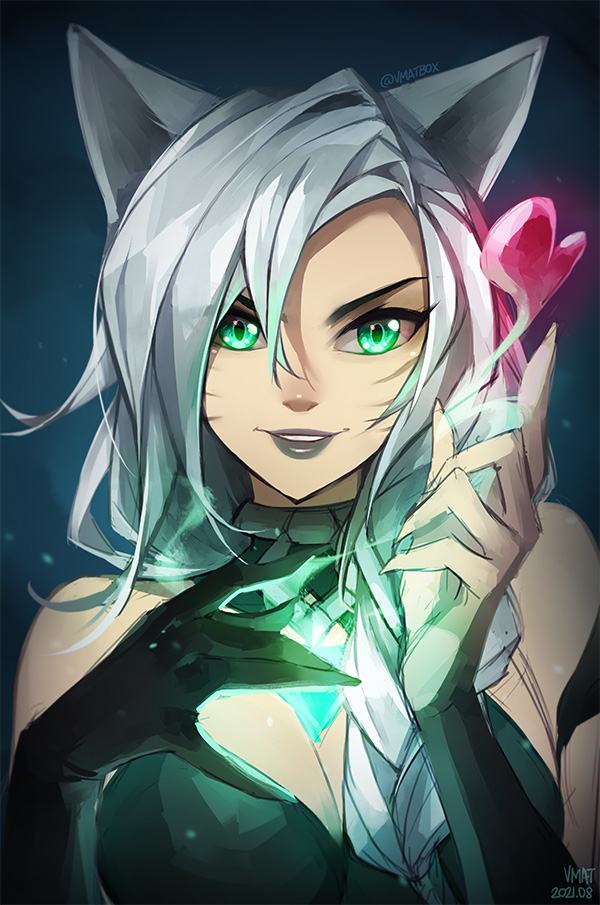 1girl ahri alternate_color alternate_costume alternate_hairstyle animal_ears asymmetrical_bangs bangs bare_shoulders black_gloves braid breasts choker fox_ears gem gloves green_eyes grey_hair grey_lips heart large_breasts league_of_legends looking_at_viewer open_mouth signature sleeveless solo solo_focus vmat white_hair