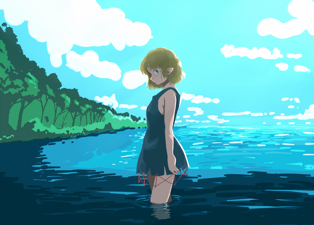 1girl bangs black_dress blonde_hair blue_sky breasts clouds commentary dress feet_out_of_frame green_eyes lake looking_at_viewer looking_to_the_side mizuhashi_parsee no_jacket pointy_ears rangycrow short_hair sky sleeveless sleeveless_dress small_breasts solo standing touhou tree water