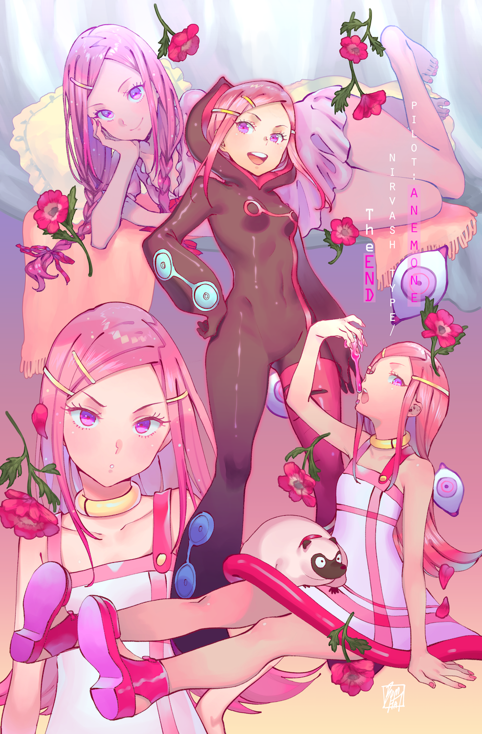 1girl anemone_(eureka_seven) animal_request arm_support bare_legs barefoot black_bodysuit bodysuit bomhat braid breasts character_name choker commentary dress english_text eureka_seven eureka_seven_(series) flower hair_ornament hairclip hand_on_hip highres hood long_hair looking_at_viewer lying multiple_views nail_polish on_side open_mouth pillow pink_background pink_dress pink_eyes pink_flower pink_footwear pink_hair pink_nails pink_rose rose sitting skin_tight small_breasts smile standing toenail_polish toenails twin_braids upper_teeth white_dress yellow_background