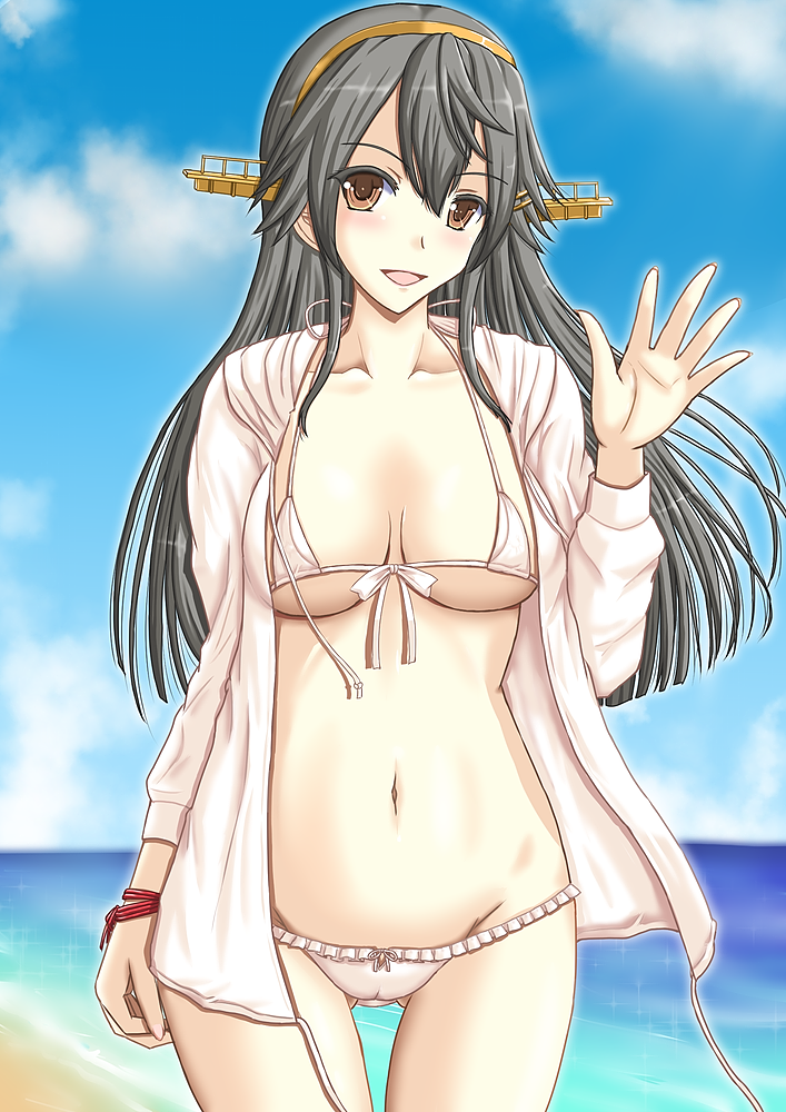 1girl bikini black_hair breasts brown_eyes front-tie_bikini front-tie_top hair_ornament hairband hairclip haruna_(kancolle) headgear jacket kantai_collection large_breasts long_hair long_sleeves navel open_clothes open_jacket oyabun_(higashi) remodel_(kantai_collection) solo swimsuit white_bikini white_jacket