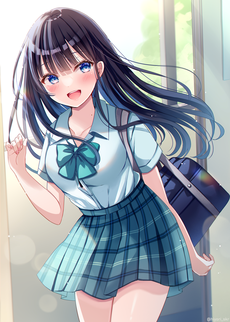 1girl :d bag bangs black_hair blue_eyes blurry blurry_background blush bow collared_shirt commentary_request doorway green_bow green_neckwear green_skirt hand_up indoors leaning_forward long_hair mole mole_on_neck open_mouth original plaid plaid_skirt pleated_skirt sakura_hiyori school_bag school_uniform shirt short_sleeves skirt smile solo standing white_shirt window