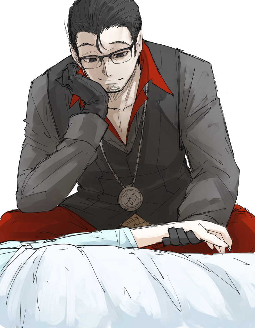 1boy bed beryl_gut black_gloves facial_hair fate/grand_order fate_(series) formal glasses gloves hair_slicked_back head_rest holding_hands jewelry kan_(aaaaari35) male_focus pendant smile suit white_background