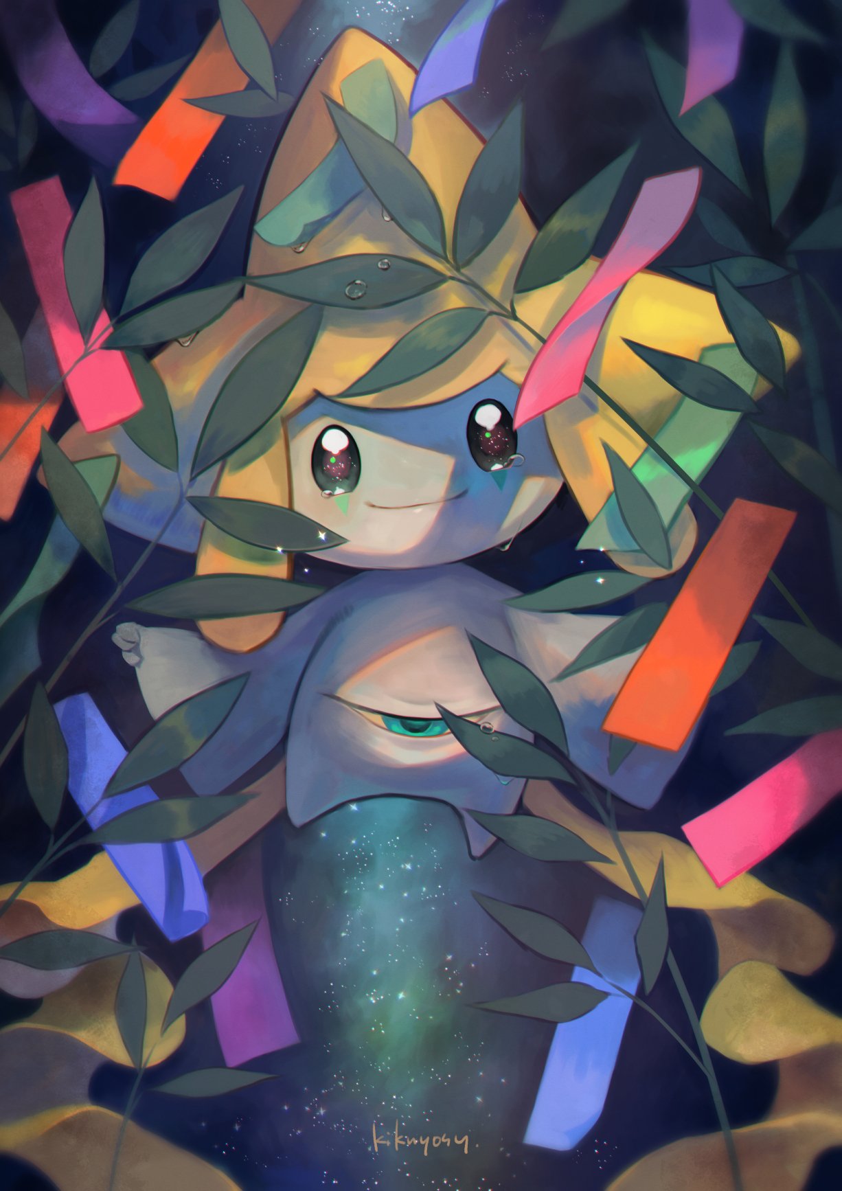 closed_mouth colored_skin commentary_request gen_3_pokemon grey_skin highres jirachi kikuyoshi_(tracco) leaf looking_at_viewer mythical_pokemon no_humans outstretched_arms paper pokemon pokemon_(creature) ribbon signature smile solo water_drop