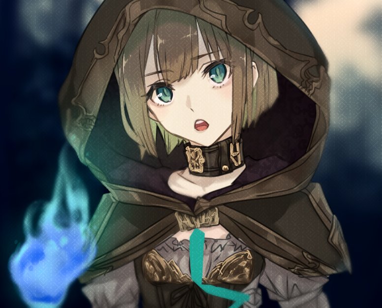 1boy bad_id bad_twitter_id bangs blunt_bangs blunt_ends bob_cut brown_hair choker eyebrows_visible_through_hair green_hair gretel_(sinoalice) hood hood_up looking_at_viewer male_focus multicolored_hair noda_(yncoon) open_mouth otoko_no_ko short_hair solo two-tone_hair