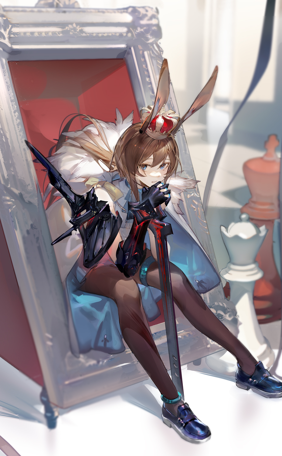 1girl amiya_(arknights) animal_ears arknights bangs bishop_(chess) blue_eyes blue_footwear blurry blurry_background brown_hair brown_legwear cape chess_piece commentary crown full_body fur-trimmed_cape fur_trim hands_clasped hands_up highres holding holding_sword holding_weapon king_(chess) kumatangent long_hair looking_at_viewer mechanical_arms own_hands_together pantyhose parted_lips rabbit_ears shoes single_mechanical_arm sitting solo sword thigh_strap weapon white_cape