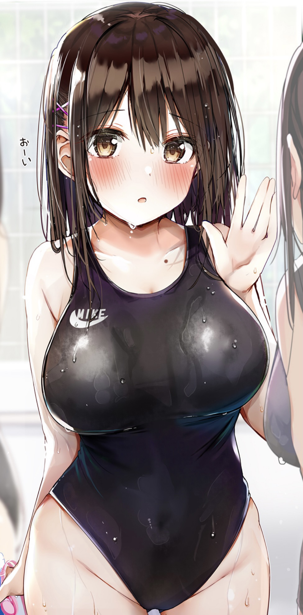 1girl black_swimsuit blush breasts brown_eyes brown_hair commentary_request highres large_breasts looking_at_viewer mole nike one-piece_swimsuit original rouka_(akatyann) short_hair solo_focus swimsuit wet