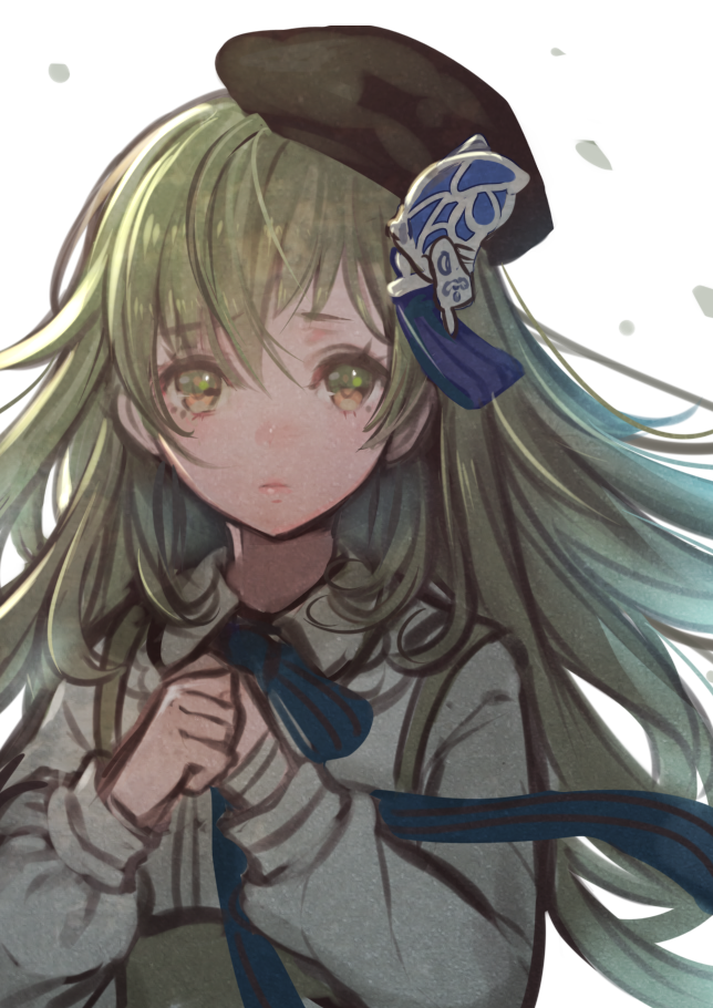 1boy bandaged_hands bandages beret butterfly_hair_ornament closed_mouth collared_shirt eyebrows_visible_through_hair green_eyes green_hair hair_ornament hands_clasped hat long_hair long_sleeves looking_at_viewer male_focus otoko_no_ko own_hands_together pinocchio_(sinoalice) puffy_long_sleeves puffy_sleeves reality_arc_(sinoalice) ribbon sad shirt sidelocks simple_background sinoalice solo starry_babe suspenders white_background
