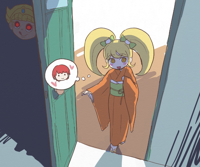 2girls bangs blonde_hair blush_stickers bow cat_hair_ornament commentary_request dangan_ronpa_(series) dangan_ronpa_2:_goodbye_despair door from_above glowing glowing_eyes hair_bow hair_ornament hand_up heart hiding japanese_clothes kimono long_hair long_sleeves looking_at_viewer mask multiple_girls namu_(nurui_cha) obi open_mouth orange_eyes orange_kimono pekoyama_peko saionji_hiyoko sash solo_focus spoilers spoken_character spoken_heart twintails wide_sleeves