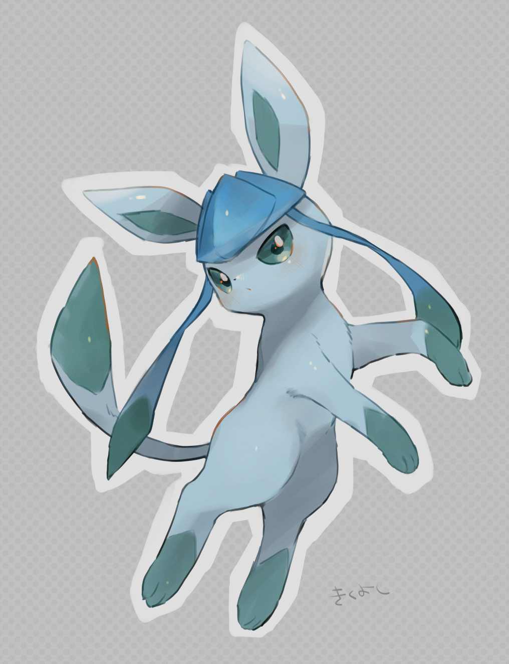 blush closed_mouth commentary_request full_body gen_4_pokemon glaceon green_eyes grey_background highres kikuyoshi_(tracco) looking_at_viewer no_humans outline paws pokemon pokemon_(creature) solo toes
