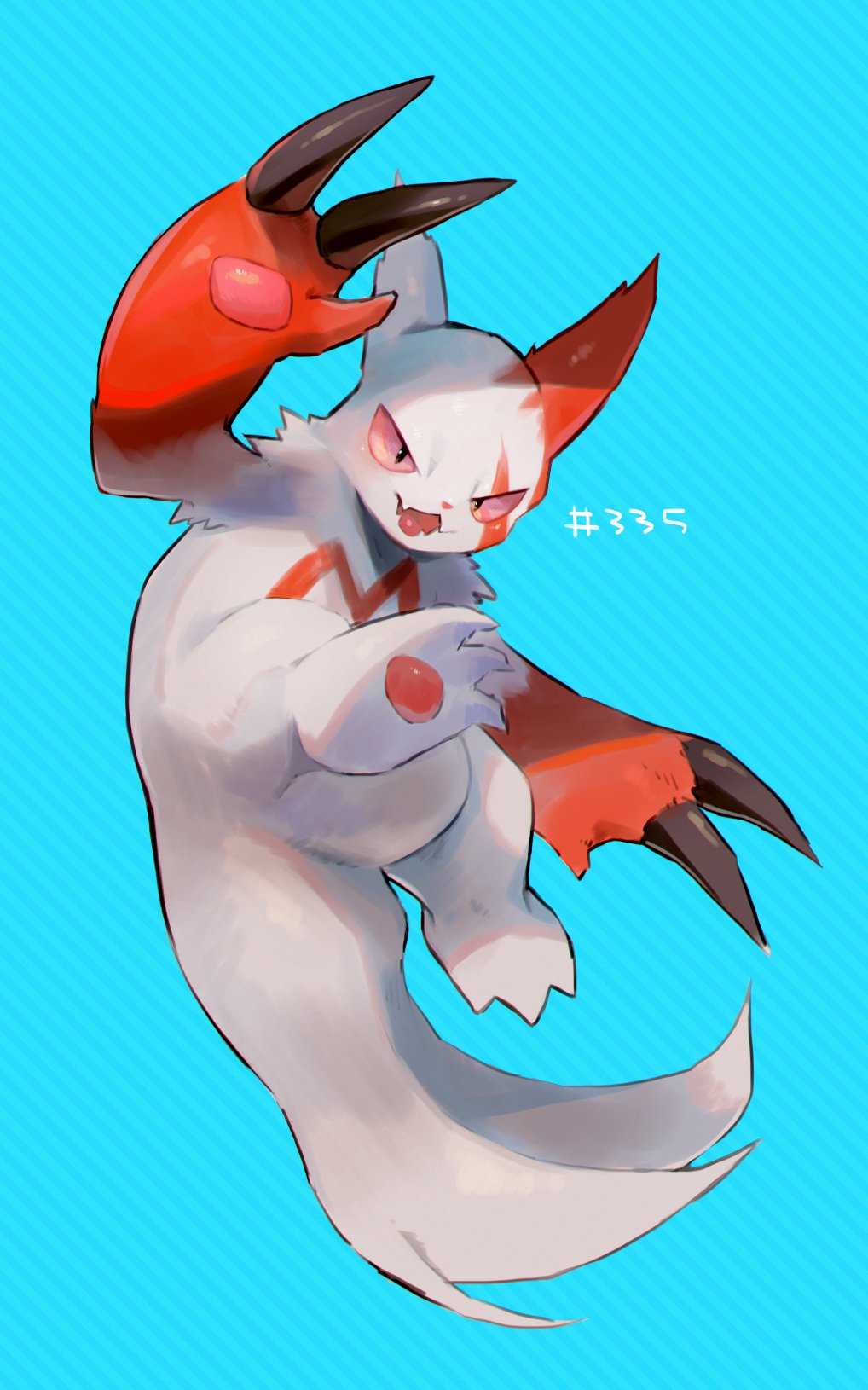 blue_background claws commentary gen_3_pokemon highres kikuyoshi_(tracco) looking_at_viewer no_humans number open_mouth pokemon pokemon_(creature) solo toes tongue white_fur zangoose