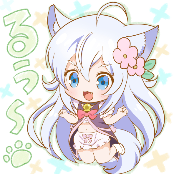 1girl :3 :d ahoge animal_ear_fluff animal_ears bloomers blue_eyes cheat_kushushi_no_slow_life chibi eyebrows_visible_through_hair fang flower hair_flower hair_ornament hanpen_moufu long_hair midriff noela_(cheat_kushushi_no_slow_life) open_mouth silver_hair simple_background smile solo tail underwear wolf_ears wolf_girl wolf_tail