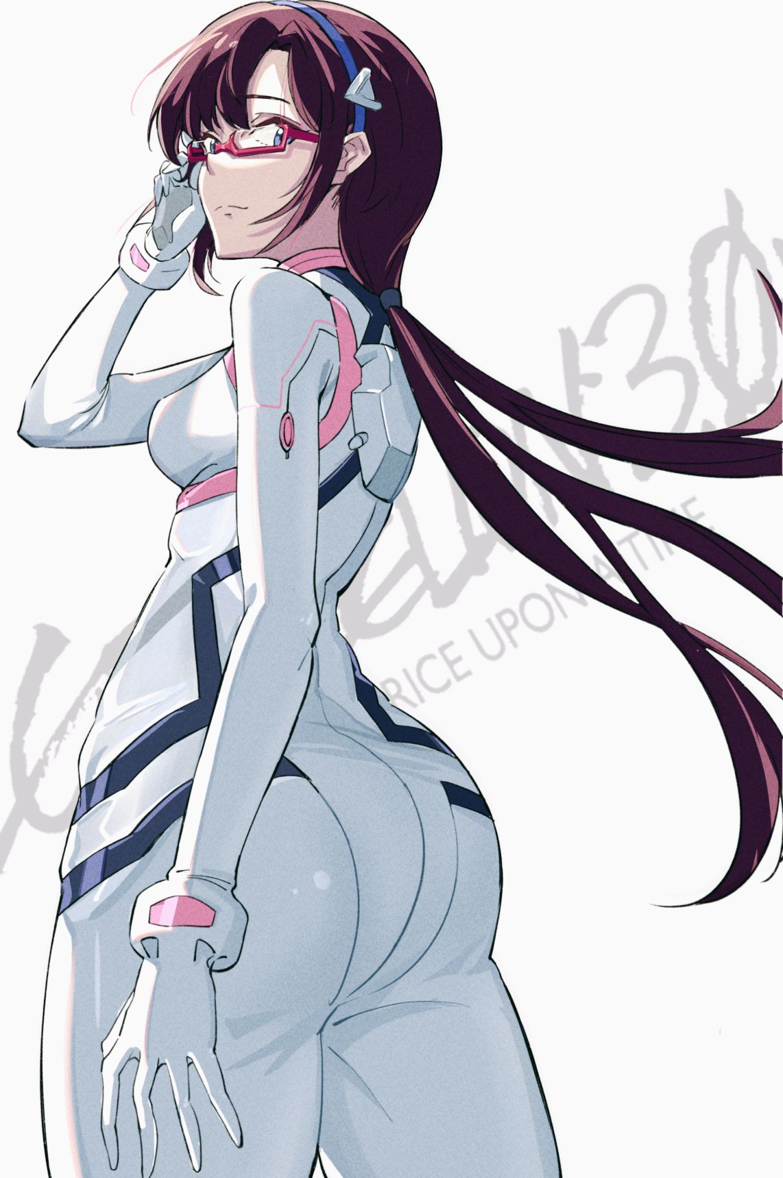 1girl ass back baihuenyexing blue_eyes bodysuit breasts brown_hair closed_mouth copyright_name evangelion:_3.0+1.0_thrice_upon_a_time glasses hairband highres long_hair looking_at_viewer makinami_mari_illustrious neon_genesis_evangelion plugsuit rebuild_of_evangelion red-framed_eyewear smile solo standing twintails white_bodysuit