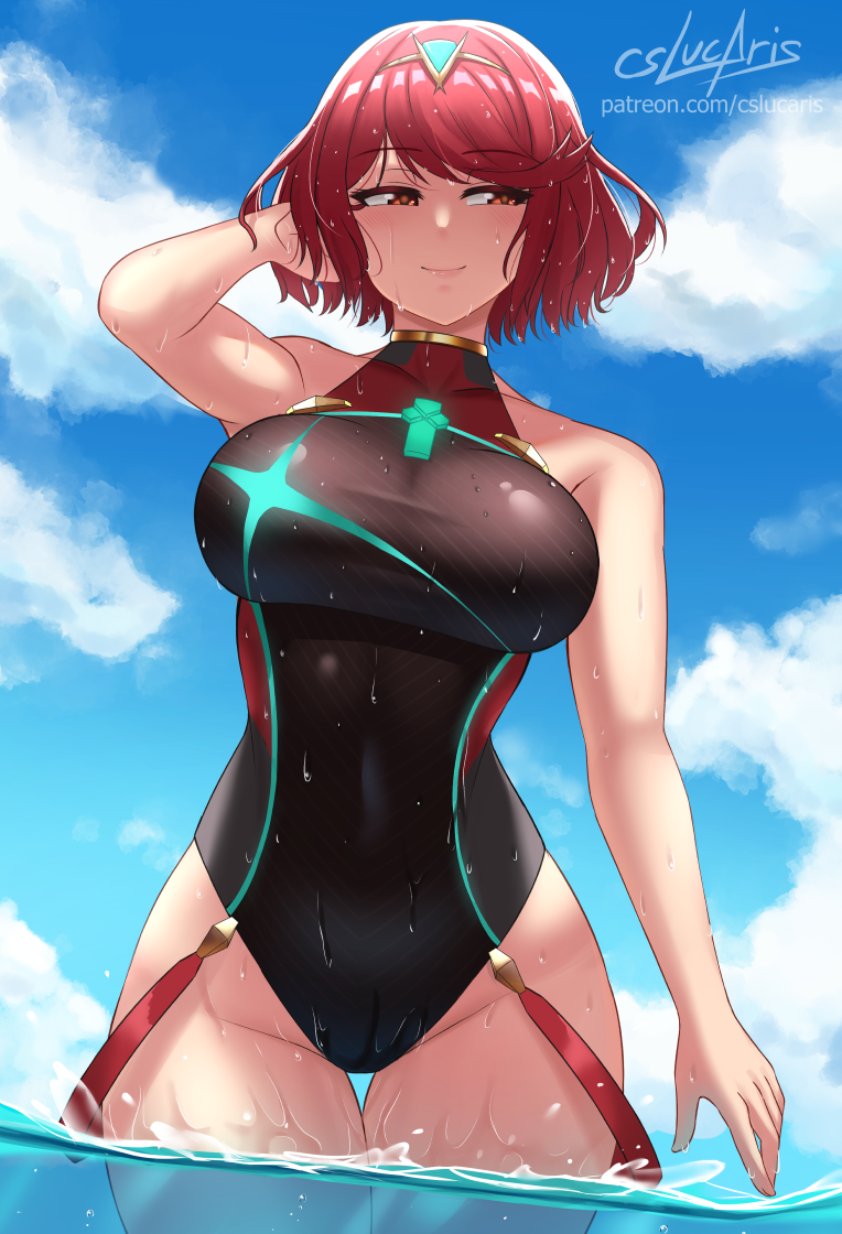 1girl bangs black_swimsuit breasts chest_jewel competition_swimsuit cslucaris earrings jewelry large_breasts one-piece_swimsuit pyra_(pro_swimmer)_(xenoblade) pyra_(xenoblade) red_eyes red_shorts red_swimsuit redhead shorts solo swept_bangs swimsuit tiara two-tone_swimsuit xenoblade_chronicles_(series) xenoblade_chronicles_2