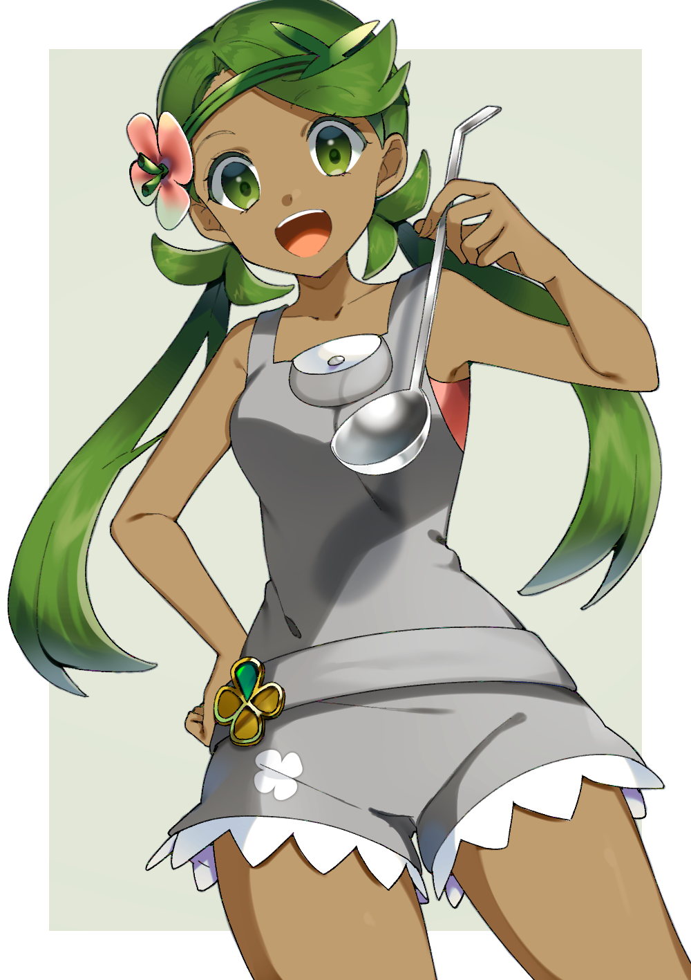 1girl :d bangs border breasts collarbone cowboy_shot dark-skinned_female dark_skin floating_hair flower green_eyes green_hair grey_background grey_shirt grey_shorts hair_flower hair_ornament hand_on_hip highres holding holding_ladle ladle long_hair looking_at_viewer low_twintails mallow_(pokemon) open_mouth outside_border pink_flower pokemon pokemon_(game) pokemon_sm shiny shiny_hair shirt short_shorts shorts sleeveless sleeveless_shirt small_breasts smile solo standing swept_bangs twintails very_long_hair white_border yuihico