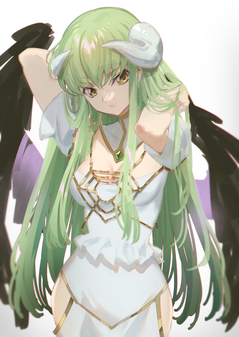 1girl albedo_(overlord) albedo_(overlord)_(cosplay) alternate_costume arms_behind_head black_feathers black_wings breasts c.c. code_geass cosplay cowboy_shot creayus green_hair hip_vent horns long_hair medium_breasts overlord_(maruyama) solo thighs very_long_hair wings yellow_eyes