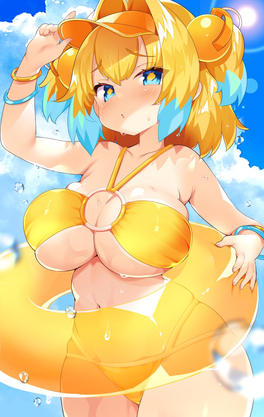 1girl bikini blonde_hair blue_eyes blue_hair blue_sky bombergirl bracelet breasts clouds commentary_request day highres jewelry large_breasts looking_at_viewer msp_sammy multicolored_hair o-ring o-ring_bikini o-ring_top pine_(bombergirl) sky solo sun swimsuit two-tone_hair visor_cap wet yellow_bikini