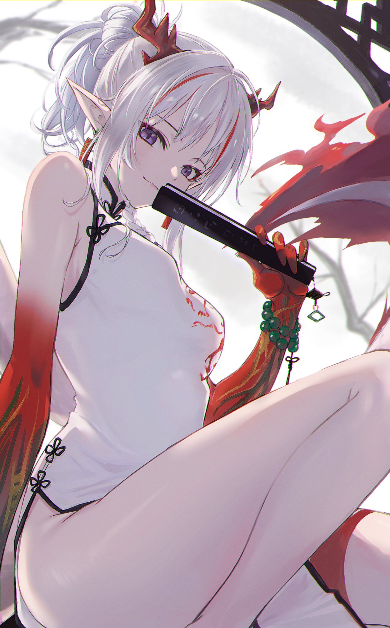1girl arknights arm_tattoo bead_bracelet beads bracelet china_dress chinese_clothes colored_skin commentary_request dragon_girl dragon_horns dragon_tail dress ear_piercing fan_to_mouth feet_out_of_frame folded_ponytail folding_fan hand_fan highres holding holding_fan horns jewelry knee_up konota_ko long_hair looking_at_viewer multicolored_hair nian_(arknights) nian_(unfettered_freedom)_(arknights) no_panties official_alternate_costume piercing red_skin redhead sitting sleeveless sleeveless_dress smile solo streaked_hair tail tail-tip_fire tattoo thighs violet_eyes white_dress white_hair