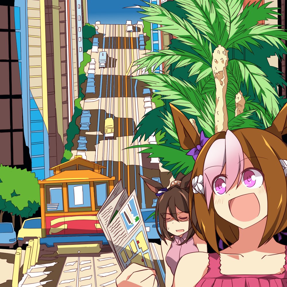 2girls animal_ears blue_sky bow brown_hair cable_car cityscape closed_eyes collared_shirt commentary dress ear_ribbon el_condor_pasa_(umamusume) hill holding holding_map horse_ears horse_girl long_hair map multicolored_hair multiple_girls open_mouth palm_tree purple_bow purple_shirt red_dress san_francisco scrunchie shirt short_hair sky special_week_(umamusume) tree two-tone_hair umamusume violet_eyes wahiko_(black_bastard)