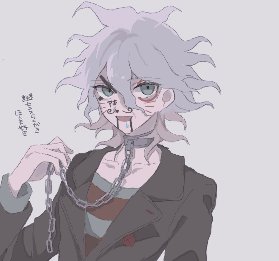 1boy :d bangs black_jacket chain collarbone commentary_request dangan_ronpa_(series) dangan_ronpa_another_episode:_ultra_despair_girls face_painting grey_eyes grey_hair grey_shirt hair_between_eyes hand_up jacket komaeda_nagito leather leather_jacket long_sleeves looking_at_viewer male_focus messy_hair open_mouth pale_skin red_shirt shenmu_(nyx_0) shirt simple_background sketch smile solo striped striped_shirt translation_request upper_body white_background