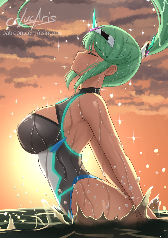 1girl armpit_crease artist_name breasts cleavage_cutout closed_eyes clothing_cutout commentary cslucaris english_commentary eyebrows_visible_through_hair from_side green_hair hair_ornament large_breasts long_hair ocean one-piece_swimsuit outdoors patreon_username pneuma_(xenoblade) ponytail profile sidelocks signature solo sunset swimsuit thighs wading water water_drop wet wet_clothes wet_hair whipping_hair xenoblade_chronicles_(series) xenoblade_chronicles_2