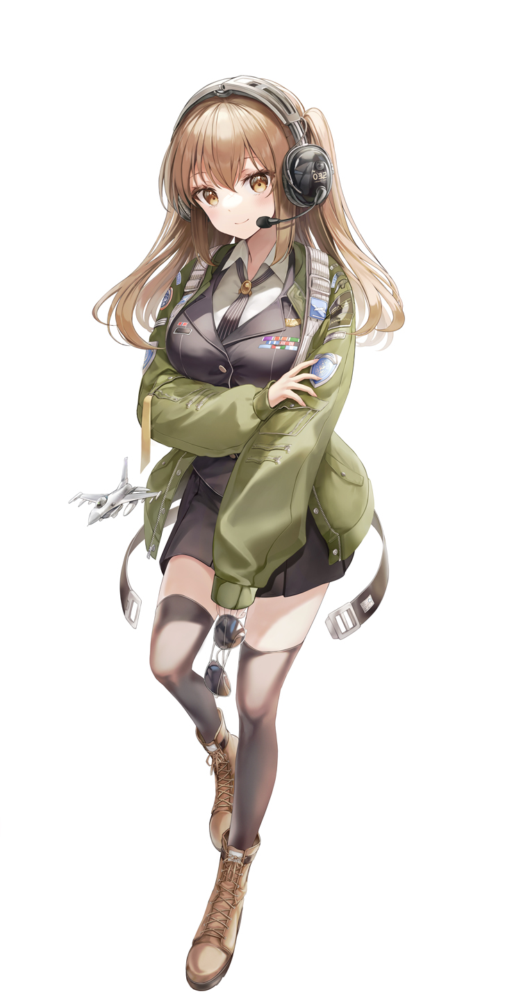 0v0_(l_seohui) 1girl aircraft airplane black_jacket black_legwear black_skirt blazer boots breasts brown_eyes brown_footwear brown_hair collared_shirt eyewear_removed full_body green_jacket headphones highres jacket jet long_hair long_sleeves looking_at_viewer medium_breasts miniskirt necktie open_clothes open_jacket original pleated_skirt shirt skirt smile solo strap sunglasses thigh-highs two_side_up white_shirt zettai_ryouiki