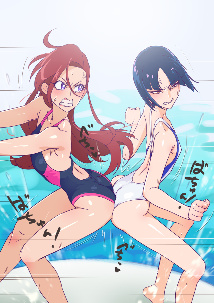 2girls anger_vein ass-to-ass black_hair clenched_teeth competition_swimsuit hip_attack keijo!!!!!!!! keijo_land_field long_hair multiple_girls muramura_hito one-piece_swimsuit parody precure redhead shiratori_yuriko short_hair swimsuit takizawa_asuka teeth tropical-rouge!_precure violet_eyes