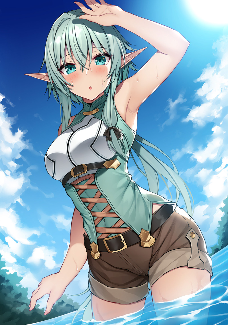 1girl arm_up armpits bangs bare_arms belt black_belt blue_sky breasts brown_shorts clouds cowboy_shot crossed_bangs day elf goblin_slayer! green_eyes hair_between_eyes high_elf_archer_(goblin_slayer!) long_hair looking_at_viewer low_ponytail outdoors parted_lips pointy_ears short_shorts shorts sky solo sun thighs very_long_hair wading water wet xe_(execut3r)