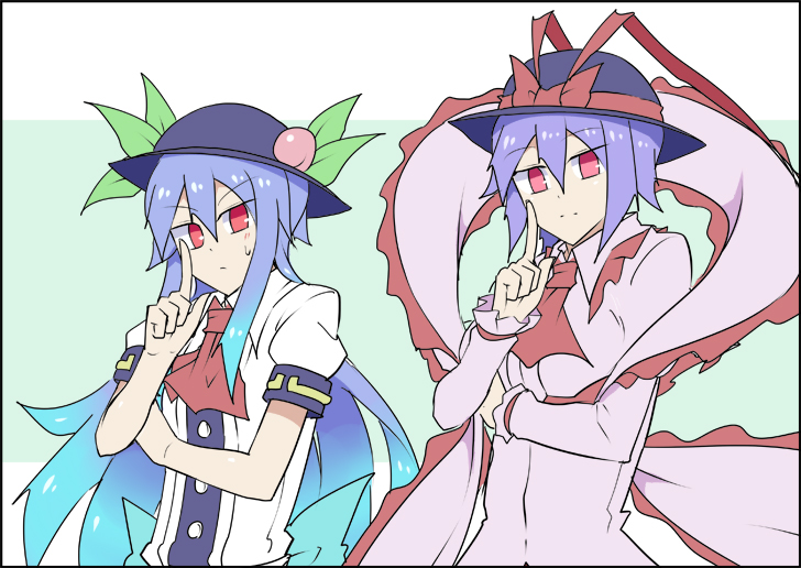 2girls :/ ascot blue_background blue_hair bow commentary_request cowboy_shot dress eyebrows_visible_through_hair food fruit gradient_hair hair_between_eyes hat hat_bow hat_ribbon hinanawi_tenshi index_finger_raised kenuu_(kenny) koi_dance light_smile looking_at_viewer multicolored_hair multiple_girls nagae_iku peach pink_dress purple_hair red_bow red_eyes red_neckwear red_ribbon ribbon shawl shirt sidelocks simple_background split_mouth touhou two-tone_background v-shaped_eyebrows white_background white_shirt
