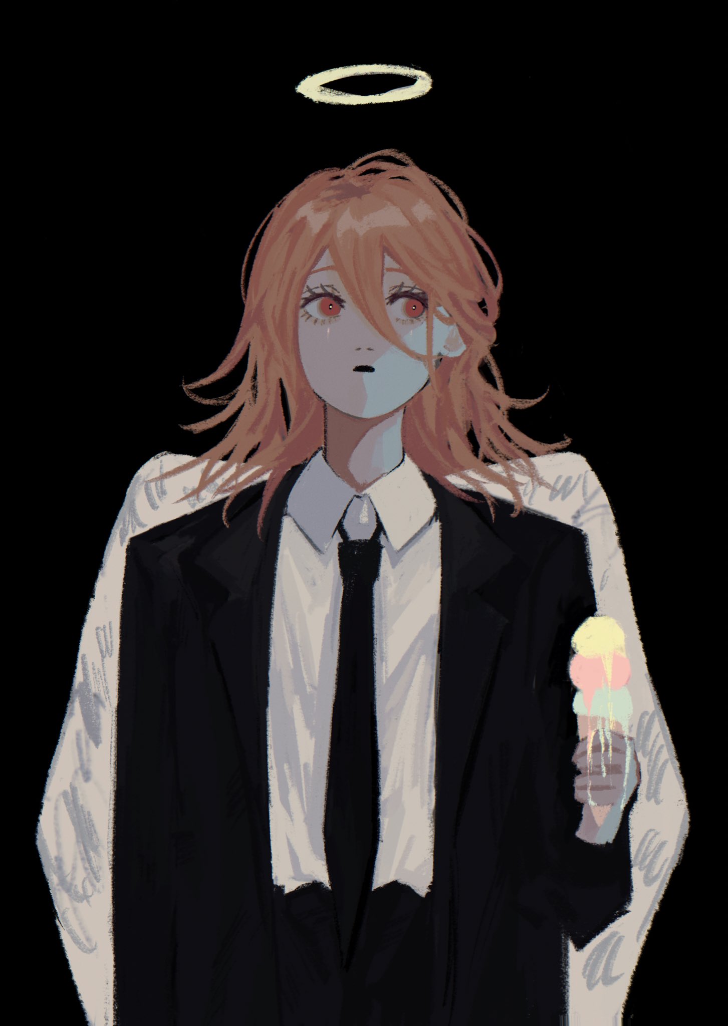 1boy angel angel_devil_(chainsaw_man) angel_wings black_background black_neckwear black_suit chainsaw_man food formal hair_between_eyes halo highres holding holding_food ice_cream long_hair melting necktie neckwear noroma02 orange_hair parted_lips red_eyes shirt_tucked_in simple_background solo suit wings