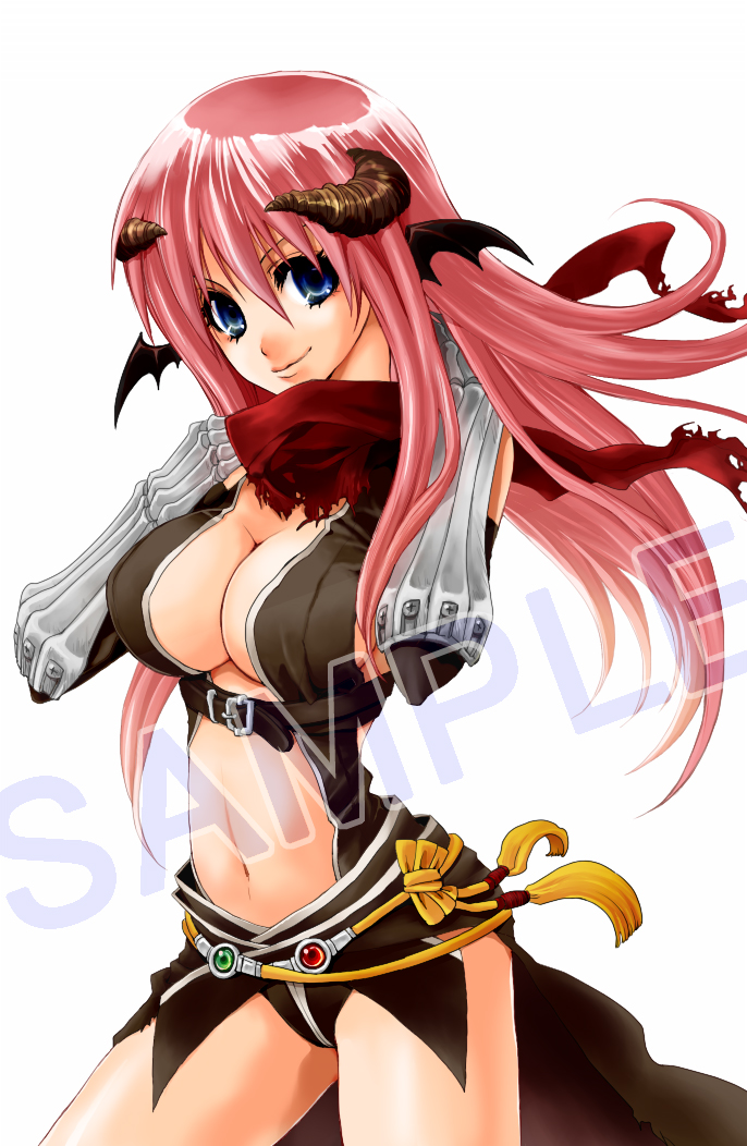 1girl assassin_cross_(ragnarok_online) bangs bat_wings black_cape black_gloves black_leotard black_wings blue_eyes breasts cape closed_mouth commentary_request cowboy_shot demon_horns elbow_gloves gloves hair_between_eyes head_wings horns kainohito large_breasts leotard long_hair looking_at_viewer navel pink_hair ragnarok_online red_scarf revealing_clothes sample scarf simple_background smile solo torn_cape torn_clothes torn_scarf vambraces waist_cape white_background wings