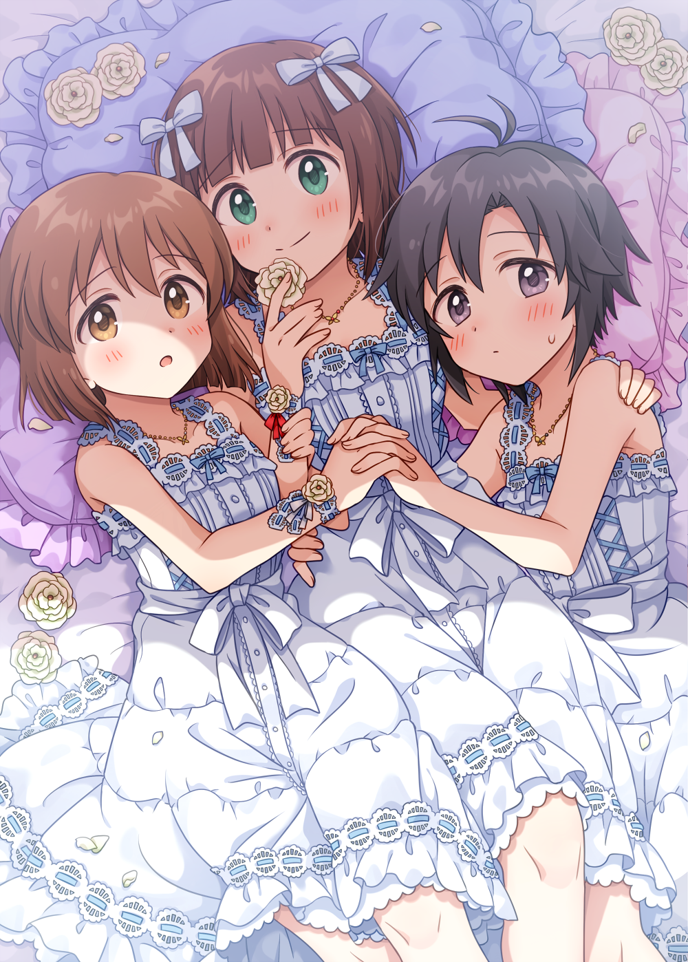 3girls amami_haruka black_hair brown_eyes brown_hair dress flower girl_sandwich green_eyes hagiwara_yukiho hair_ribbon highres hiiringu holding_hands idolmaster idolmaster_(classic) idolmaster_million_live! interlocked_fingers jewelry kikuchi_makoto looking_at_viewer lying multiple_girls necklace on_back on_bed petals pillow ribbon ribbon-trimmed_dress rose sandwiched sleeveless sleeveless_dress sundress white_dress