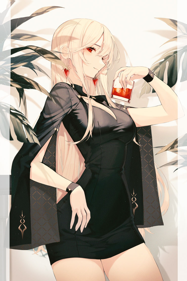 1girl black_dress blonde_hair breasts cleavage_cutout clothing_cutout cowboy_shot cup dress drinking_glass earrings hand_up holding jewelry long_hair looking_at_viewer medium_breasts original pro-p profile red_eyes short_dress smile solo taut_clothes taut_dress very_long_hair wrist_cuffs