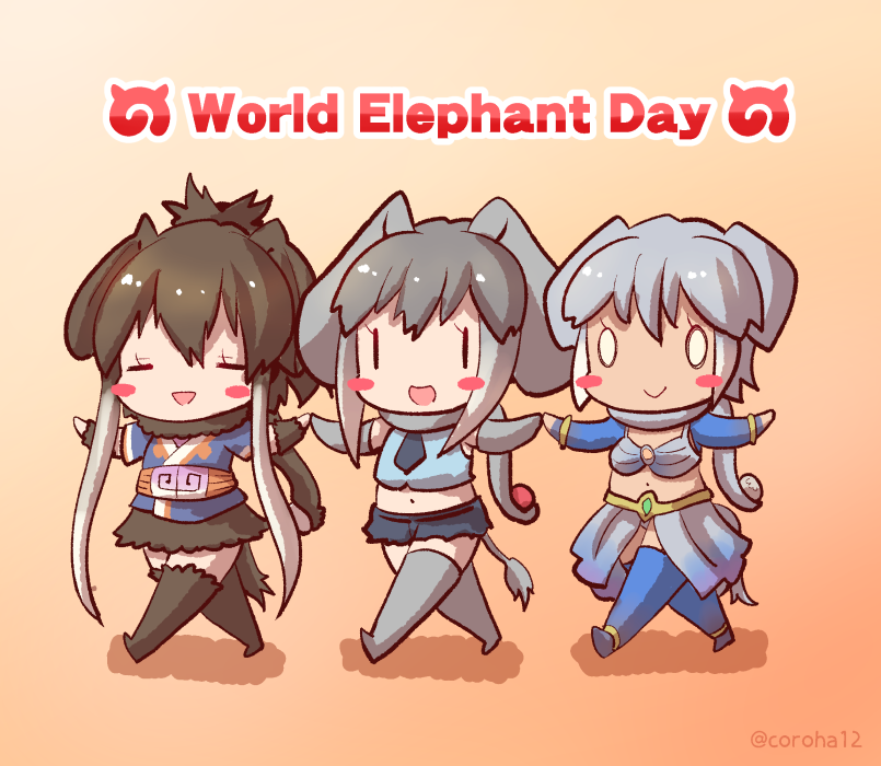 0_0 3girls african_elephant_(kemono_friends) animal_ears bikini blush_stickers brown_hair chibi closed_mouth coroha cropped_shirt detached_sleeves elbow_gloves elephant_ears elephant_girl elephant_tail english_text full_body gloves grey_hair holding holding_weapon indian_elephant_(kemono_friends) japari_symbol kemono_friends mammoth_(kemono_friends) midriff multicolored_hair multiple_girls navel necktie open_mouth outstretched_arms scarf shirt shorts side-by-side skirt sleeveless sleeveless_shirt smile spread_arms stomach swimsuit tail tan thigh-highs twitter_username two-tone_hair walking weapon white_hair zettai_ryouiki |_|