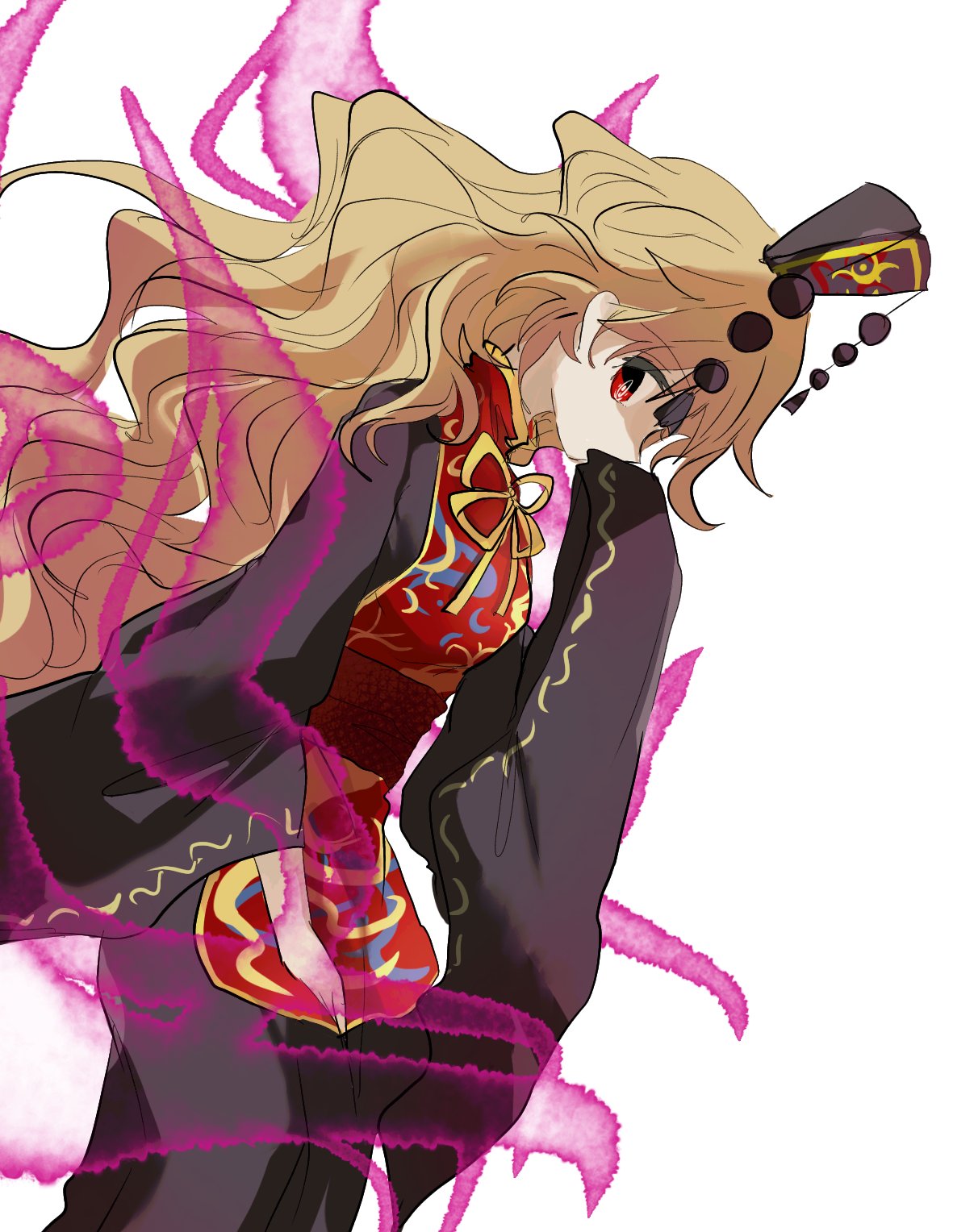 1girl bangs belt black_dress black_headwear blonde_hair bow bowtie breasts brown_belt chinese_clothes crescent dress energy eyebrows_visible_through_hair eyes_visible_through_hair hair_between_eyes hand_up hat highres junko_(touhou) long_hair long_sleeves looking_to_the_side medium_breasts pom_pom_(clothes) red_eyes red_vest simple_background solo tabard touhou vest white_background wide_sleeves yellow_bow yellow_neckwear zabuton_(mgdw5574)