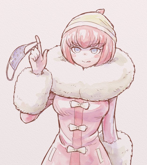 1girl :q andou_ruruka bangs blush_stickers bow breasts commentary_request dangan_ronpa_(series) dangan_ronpa_3_(anime) fur-trimmed_jacket fur_trim grey_background grey_eyes hat holding holding_mask jacket large_breasts long_sleeves looking_at_viewer mask mask_removed mouth_mask namu_(nurui_cha) pink_hair pink_jacket shiny shiny_hair short_hair simple_background smile solo tongue tongue_out upper_body white_bow