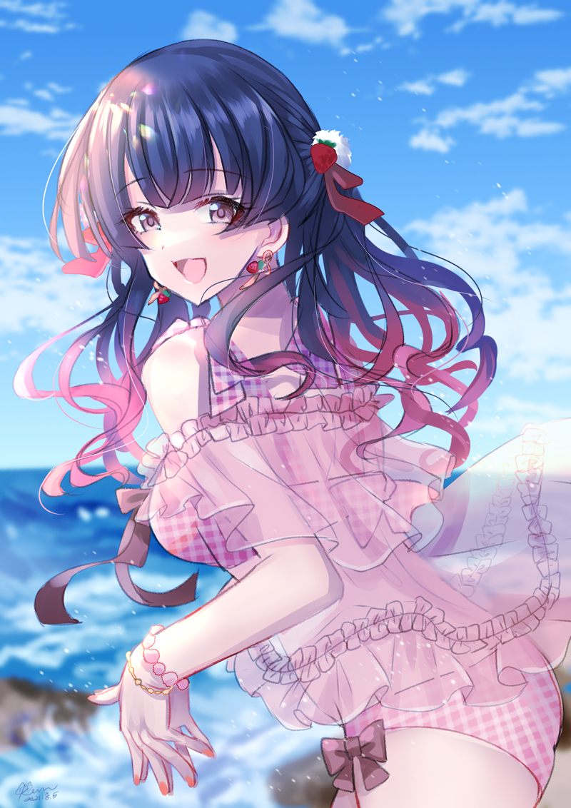 ass bangs beach blue_sky blunt_bangs bow bow_swimsuit bracelet checkered checkered_swimsuit clouds earrings eyebrows_visible_through_hair food-themed_earrings frilled_swimsuit frills from_behind grey_eyes hair_ribbon idolmaster idolmaster_shiny_colors jewelry kevn long_hair looking_at_viewer looking_back mayuzumi_fuyuko multicolored_hair nail_polish ocean outdoors pink_bow pink_swimsuit red_ribbon ribbon rock sand see-through sky solo strawberry_earrings swimsuit two-tone_hair water