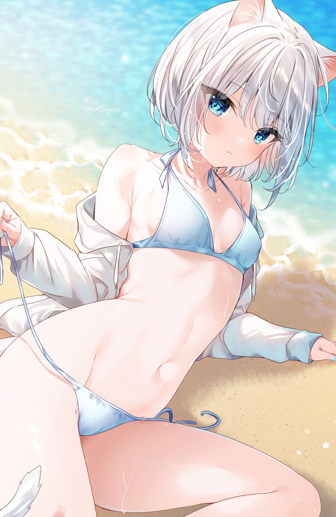 1girl :&lt; animal_ear_fluff animal_ears arm_support bangs bare_shoulders bikini blue_bikini blue_eyes blush breasts cat_ears cat_girl cat_tail closed_mouth collarbone day eyebrows_visible_through_hair grey_jacket highres jacket long_sleeves lying mafuyu_(chibi21) navel off_shoulder on_ground on_side open_clothes open_jacket original outdoors sand short_hair side-tie_bikini silver_hair small_breasts solo stomach swimsuit tail untied untied_bikini water