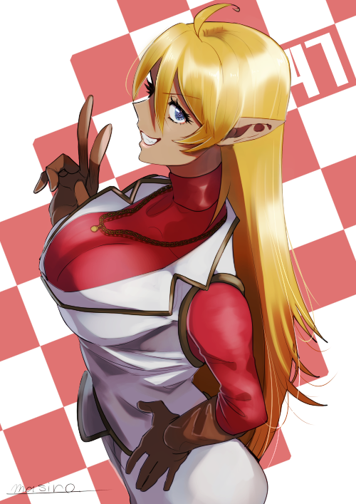 1girl artist_name aura_bella_fiora blonde_hair breasts dark_elf elf eyebrows_visible_through_hair gloves grin jewelry large_breasts long_hair masiro necklace older overlord_(maruyama) pointy_ears red_shirt shiny shiny_hair shirt simple_background smile solo v vest white_vest