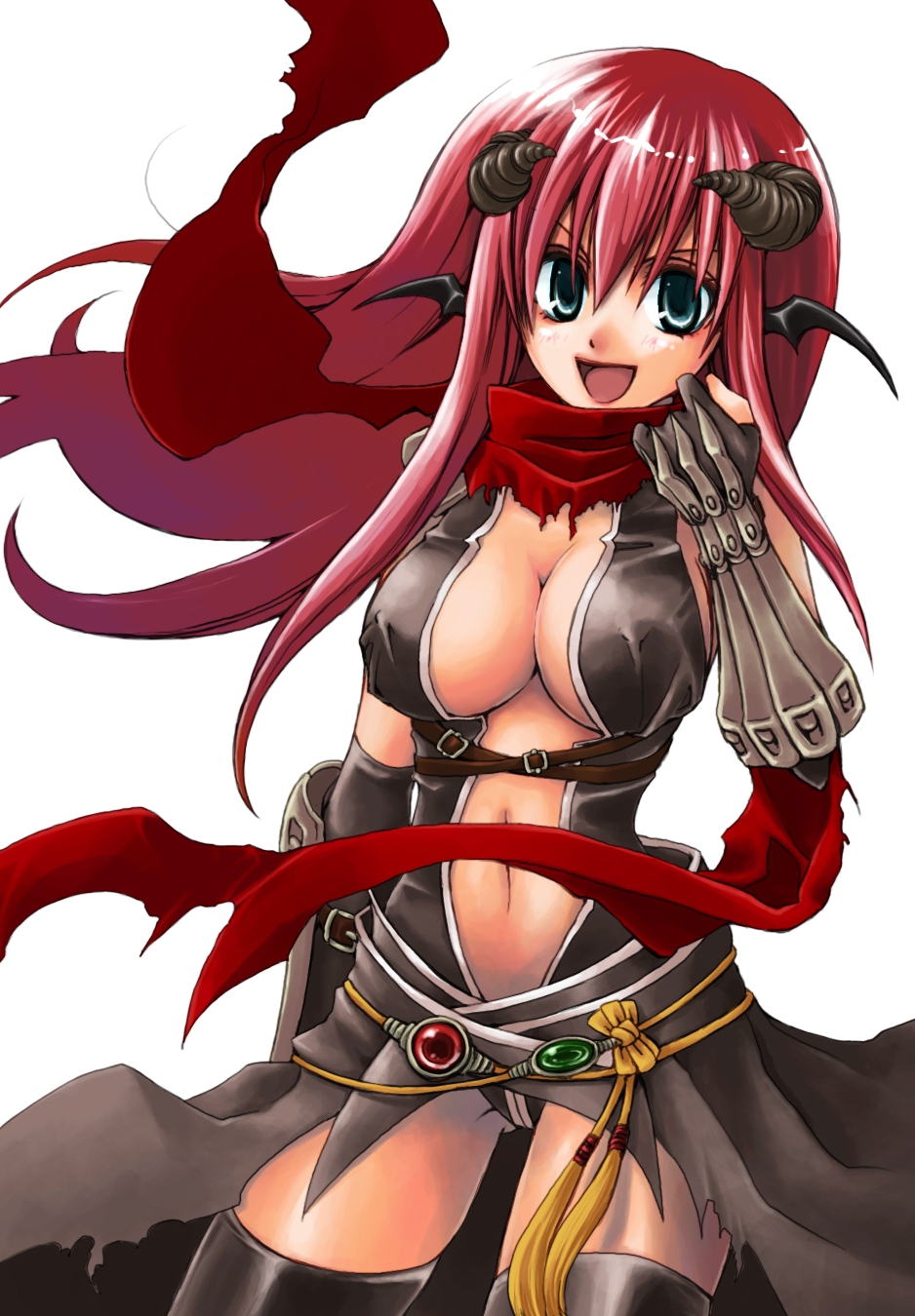 1girl :d armor assassin_cross_(ragnarok_online) bangs bat_wings black_cape black_gloves black_legwear black_leotard black_wings breasts cape commentary_request contrapposto cowboy_shot demon_horns elbow_gloves gloves green_eyes hair_between_eyes head_wings highres horns kainohito leotard long_hair looking_at_viewer medium_breasts navel open_mouth partially_fingerless_gloves pauldrons pink_hair ragnarok_online red_scarf revealing_clothes scarf shoulder_armor simple_background smile solo thigh-highs torn_cape torn_clothes torn_scarf vambraces waist_cape white_background wings