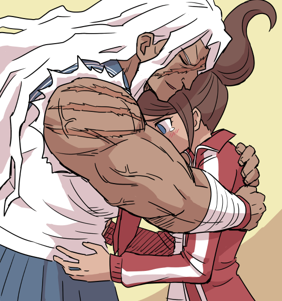 2girls asahina_aoi bandages bangs blue_eyes blue_skirt blush brown_hair closed_eyes commentary_request dangan_ronpa:_trigger_happy_havoc dangan_ronpa_(series) dark-skinned_female dark_skin from_side hair_up height_difference hug jacket long_hair multiple_girls muscular muscular_female namu_(nurui_cha) oogami_sakura pleated_skirt ponytail red_jacket scar scar_across_eye scar_on_arm shirt skirt tearing_up torn_clothes torn_shirt track_jacket track_suit v-shaped_eyebrows white_hair white_shirt