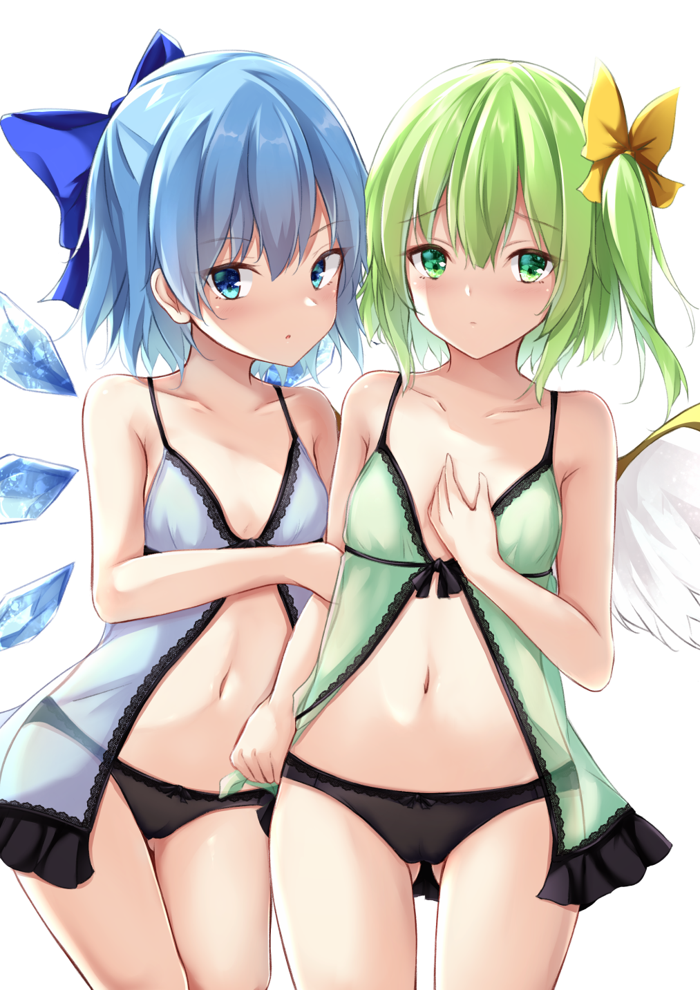 2girls ass_visible_through_thighs babydoll bangs bare_arms bare_shoulders black_panties blue_bow blue_eyes blue_hair blush bow cirno closed_mouth collarbone commentary_request commission cowboy_shot daiyousei eyebrows_visible_through_hair flat_chest green_eyes green_hair hair_between_eyes hair_bow hand_on_own_chest highres holding_another's_arm ice ice_wings kashiwagi_yamine looking_at_viewer midriff multiple_girls navel one_side_up panties parted_lips short_hair skeb_commission standing touhou underwear wings yellow_bow
