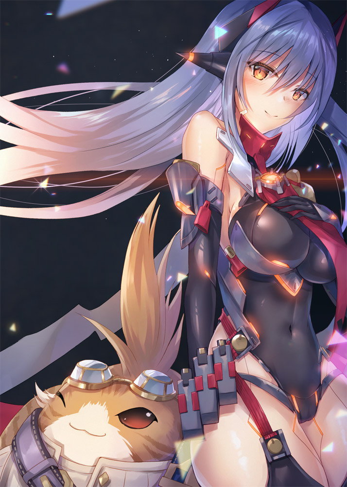 android breasts hinot joints large_breasts mechanical_parts nopon poppi_(xenoblade) poppi_qtpi_(xenoblade) purple_hair red_eyes robot_ears robot_joints tora_(xenoblade_2) xenoblade_chronicles_(series) xenoblade_chronicles_2
