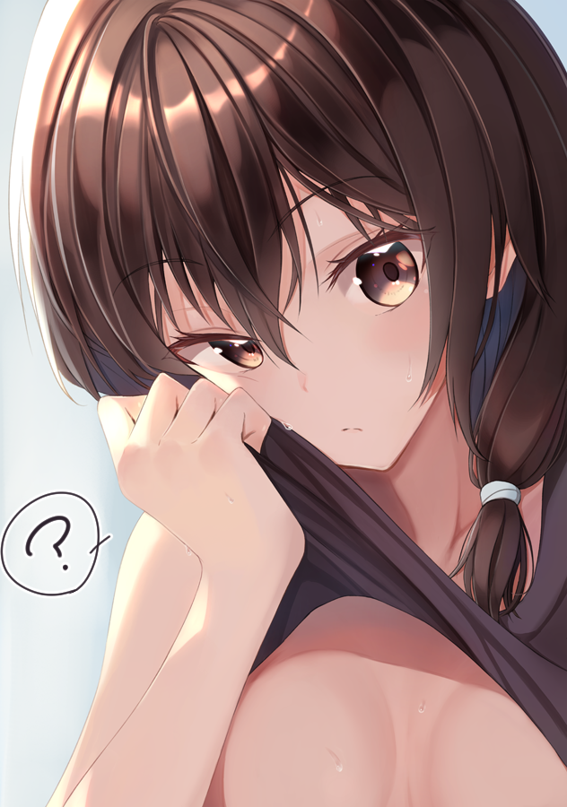 1girl ? asymmetrical_hair black_tank_top blue_background blush breasts brown_eyes brown_hair closed_mouth clothes_lift commentary expressionless eyebrows_visible_through_hair fumei_(mugendai) hair_between_eyes lifted_by_self looking_at_viewer medium_breasts medium_hair no_bra out-of-frame_censoring ponytail portrait shirt_lift solo spoken_question_mark sweat sweatdrop tank_top touhou usami_renko