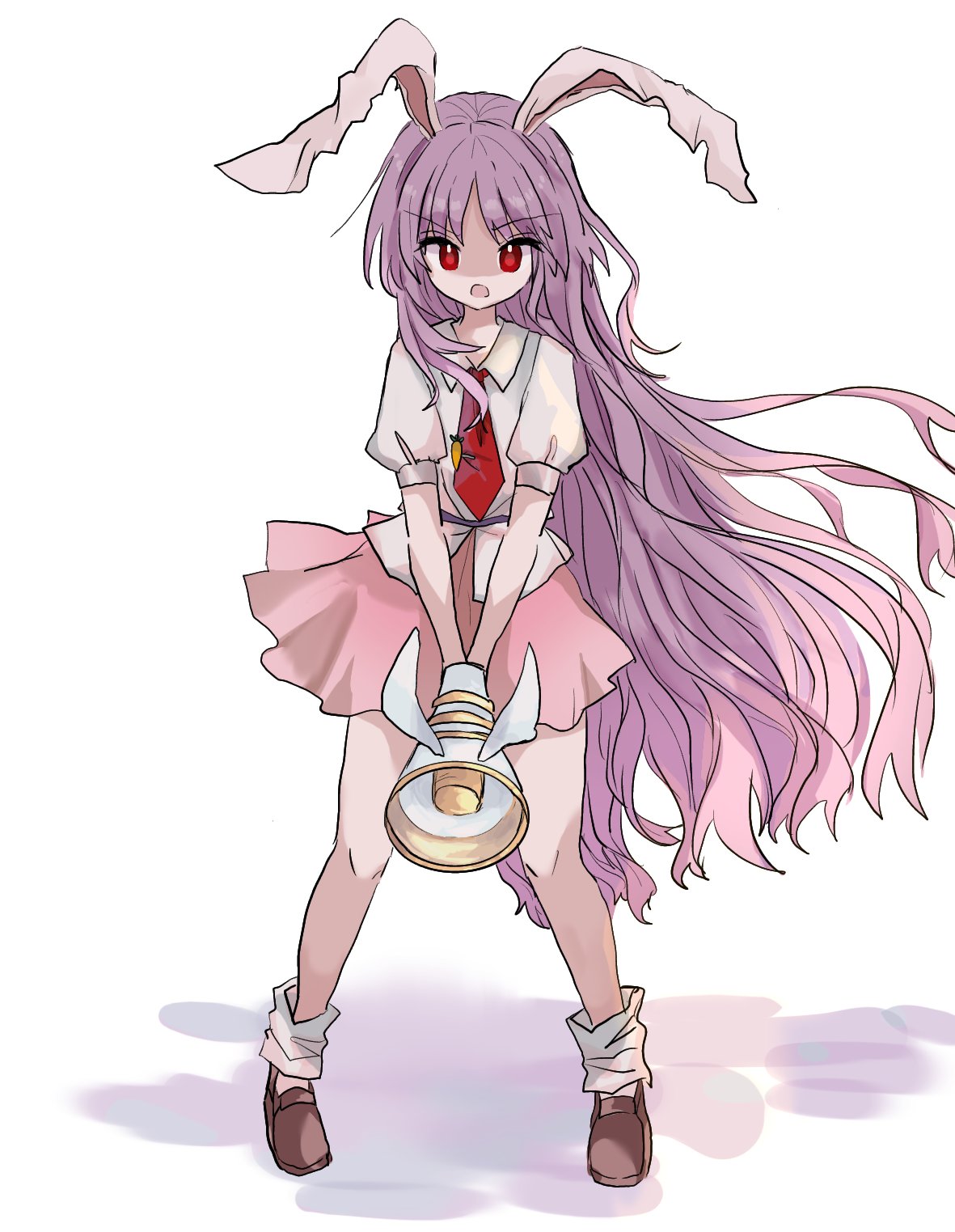 1girl animal_ears bangs brown_footwear eyebrows_visible_through_hair highres long_hair looking_at_viewer necktie open_mouth pink_skirt puffy_short_sleeves puffy_sleeves purple_hair rabbit_ears red_eyes red_neckwear reisen_udongein_inaba shadow shirt shoes short_sleeves simple_background skirt socks solo standing touhou weapon white_background white_legwear white_shirt zabuton_(mgdw5574)