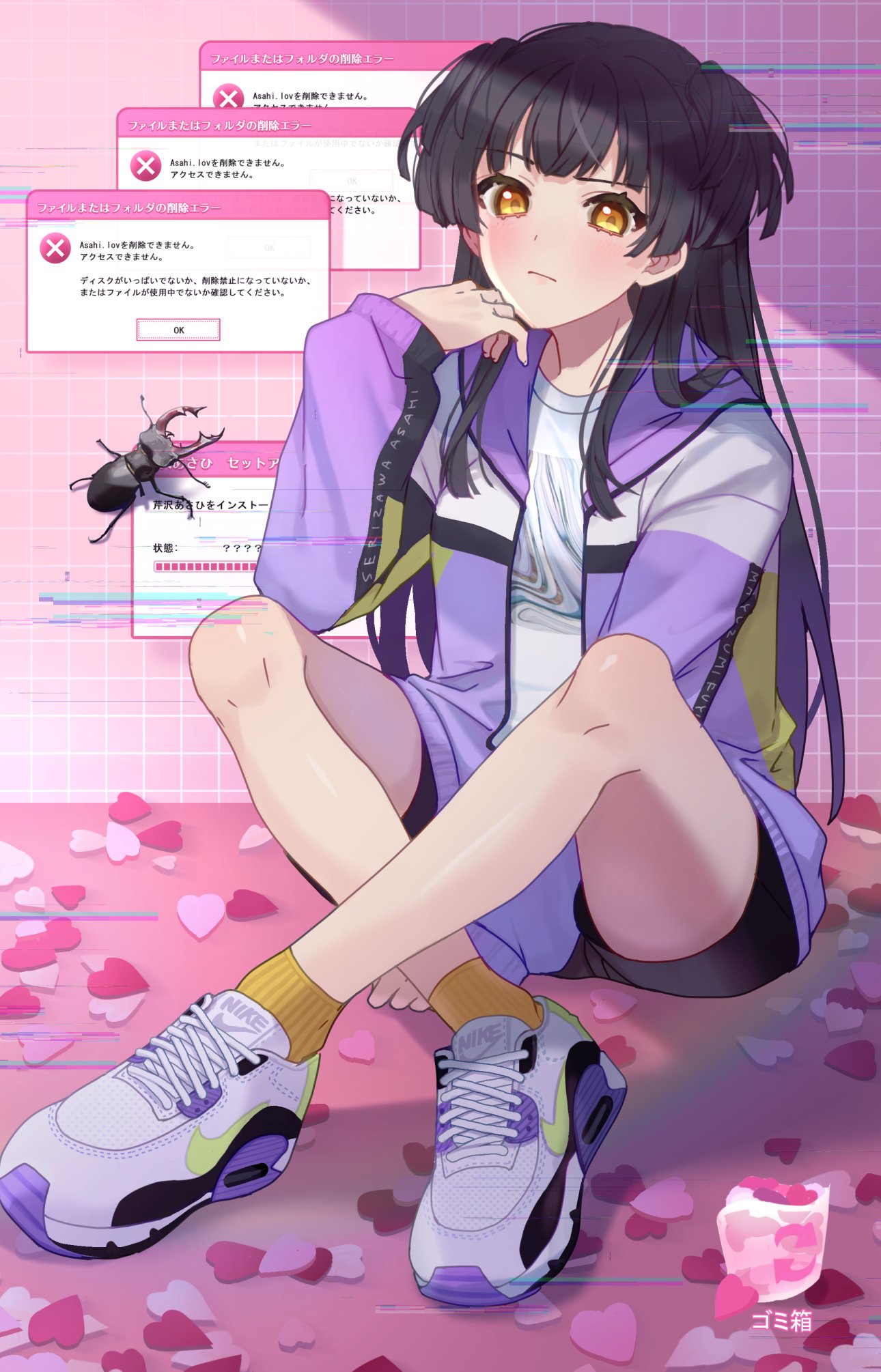 13_(spice!!) beetle black_hair brown_eyes bug highres idolmaster idolmaster_shiny_colors insect jacket long_hair mayuzumi_fuyuko nike pink_background purple_jacket shirt shoes sneakers t-shirt two_side_up vaporwave windows yellow_legwear