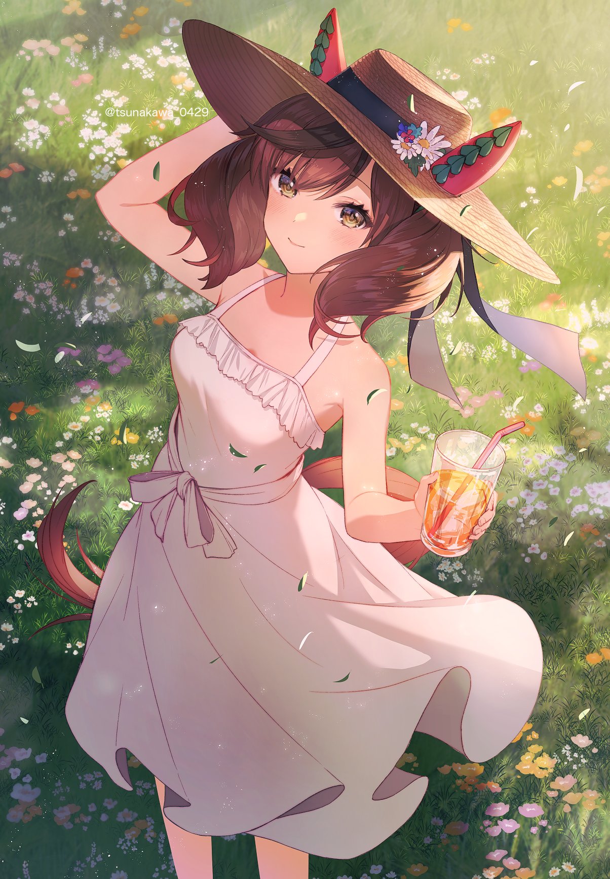 1girl animal_ears bare_shoulders brown_hair commentary cup dress drinking_glass ear_covers hat highres holding holding_clothes holding_cup holding_hat horse_ears horse_girl horse_tail leaf long_hair looking_at_viewer nice_nature_(umamusume) sleeveless sleeveless_dress solo spaghetti_strap straw_hat sun_hat sundress tail tsunakawa twintails umamusume white_dress wind yellow_eyes