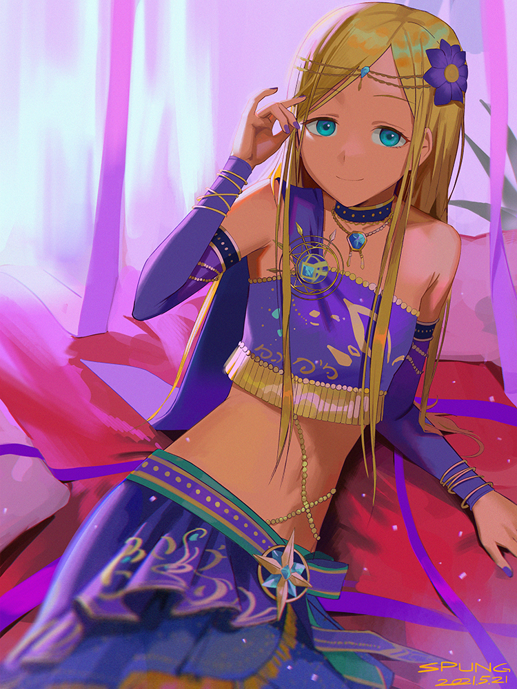 1girl aqua_eyes arabian_clothes artist_name bangs blonde_hair breasts closed_mouth dark-skinned_female dark_skin dated flower hair_flower hair_ornament happy_birthday idolmaster idolmaster_cinderella_girls idolmaster_cinderella_girls_starlight_stage layla_(idolmaster) long_hair looking_at_viewer navel parted_bangs small_breasts smile solo spung straight_hair veil