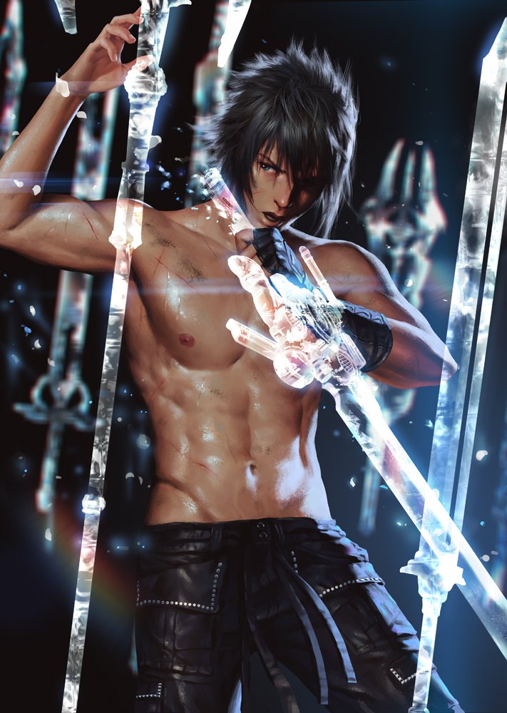 1boy abs black_hair blue_eyes cuts engine_blade final_fantasy final_fantasy_xv fingerless_gloves gloves holding holding_weapon injury light_particles magic male_focus muscular muscular_male navel noctis_lucis_caelum open_mouth pants pectorals penguin_frontier polearm realistic shirtless solo sword weapon