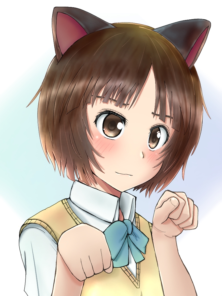 1girl :3 amagami animal_ears bangs blue_background blue_neckwear blush bob_cut bow bowtie brown_eyes brown_hair cat_ears commentary dress_shirt fake_animal_ears gahama_htloves kibito_high_school_uniform light_smile looking_ahead paw_pose portrait school_uniform shirt short_hair short_sleeves solo tachibana_miya white_background white_shirt